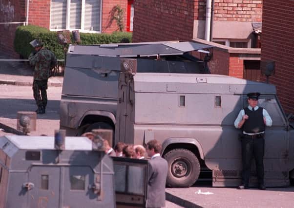 Scene of an IRA mortar attack on an RUC Land Rover in west Belfast, which left four officers seriously injured. June 1, 1991. "The Police Federation say the legacy consultation includes proposals which are heavily biased against the police officers who, at great personal cost, created the environment for peace. The proposals turn facts on their head, and apply a veneer or gloss over some of the most atrocious crimes perpetrated by terrorists fuelled by hatred."