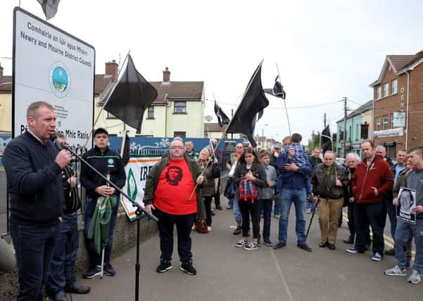 Republicans attend a rally in support of Raymond McCreesh play park in Newry on 20 May 2018. Photo: Pacemaker.