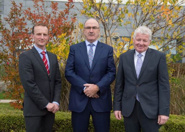 From left to right; Andrew McConkey, Chairman of LacPatrick Dairies; Michael Hanley, CEO of Lakeland Dairies and Alo Duffy, Chairman of Lakeland Dairies.
