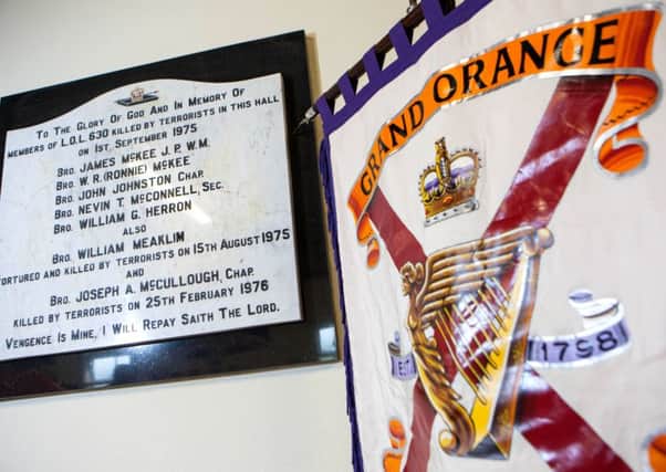 A memorial plaque at Tullyvallen Orange hall, near Newtownhamilton, in memory of lodge members murdered by the IRA in the notorious attack 40 years ago