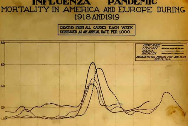 Chart of influenza deaths in America and Europe during October and November 1918