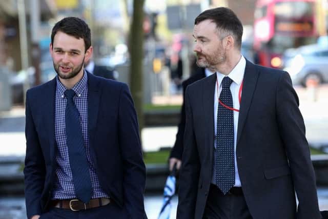 Owner of Ashers Baking Company Daniel McArthur (left) with Simon Calvert of The Christian Institute arriving at an earlier court hearing in Belfast