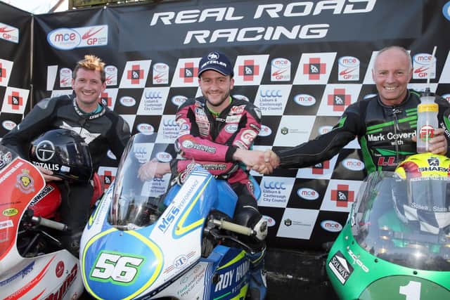 Adam McLean clinched his first international win in the Supertwins race at the Ulster Grand Prix on Roy Hanna's Kawasaki from Christian Elkin (left) and Ian Lougher.