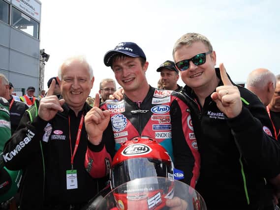 James Cowton with Winston (left) and Jason McAdoo following his Supertwins victory at the North West 200 in May.
