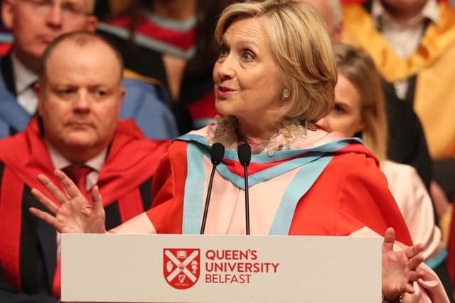 Hillary Clinton during her address at a ceremony at Queen's University Belfast where she received an honorary degree
