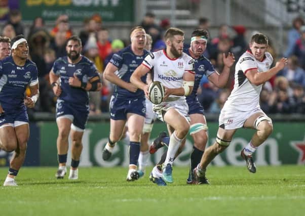 Stuart McCloskey makes a line break during the PRO14 clash between Ulster and Connacht