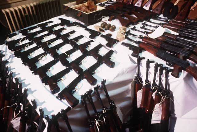 Weapons put on show by the RUC after they stopped two cars packed full of guns destined for the UDA in 1988. Photo: Pacemaker