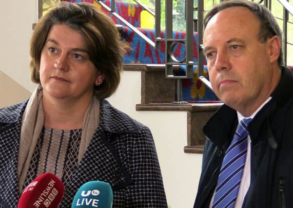 DUP leader Arlene Foster and DUP deputy leader Nigel Dodds speak to the press at Portadown. PRESS ASSOCIATION Photo. Picture date: Friday October 12, 2018. See PA story POLITICS Brexit DUP. Photo credit should read: Michael McHugh/PA Wire