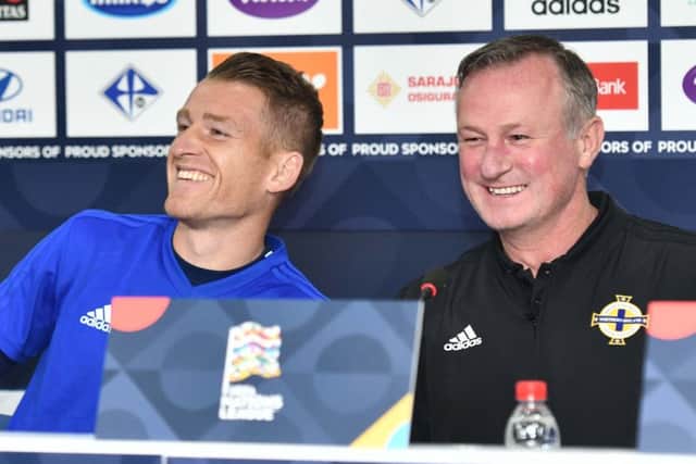 Northern Ireland manager Michael O'Neill and captain Steven Davis  during  a press conference at the Grbavica Stadium