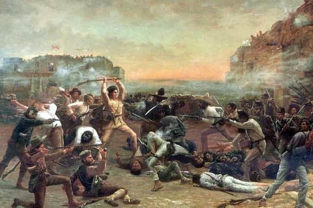 The Fall of the Alamo. Painting by Robert Jenkins Onderdonk shows Davy Crockett swinging his rifle at Mexican troops