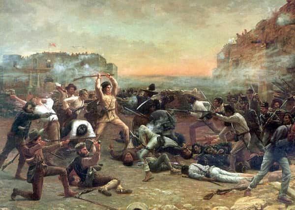The Fall of the Alamo. Painting by Robert Jenkins Onderdonk shows Davy Crockett swinging his rifle at Mexican troops