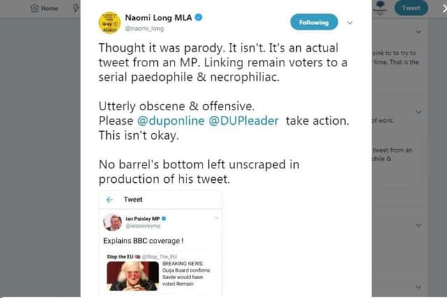 Alliance leader Naomi Long took to Twitter to describe Mr Paisley's retweet as 'utterly obscene and offensive'.