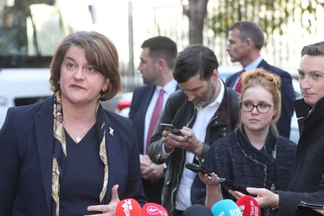 DUP leader Arlene Foster speaks to the media outside St Patrick's Cathedral in Dublin. PRESS ASSOCIATION Photo. Picture date: Monday October 15, 2018. See PA story POLITICS Brexit. Photo credit should read: Niall Carson/PA Wire