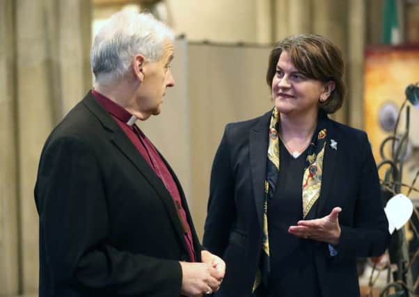 DUP leader Arlene Foster is given a tour of  St Patrick's Cathedral in Dublin by Church of Ireland Archbishop of Dublin and Bishop of Glendalough, Michael Jackson. Pic by Niall Carson/PA Wire
