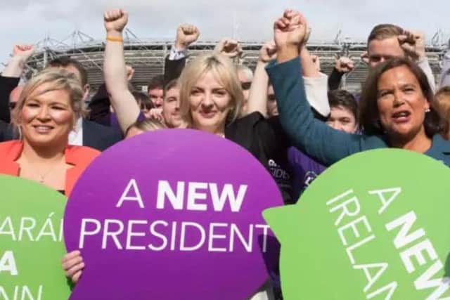 Sinn Feins presidential candidate Liadh Ni Riada flanked by Michelle ONeill (left) and Mary Lou McDonald