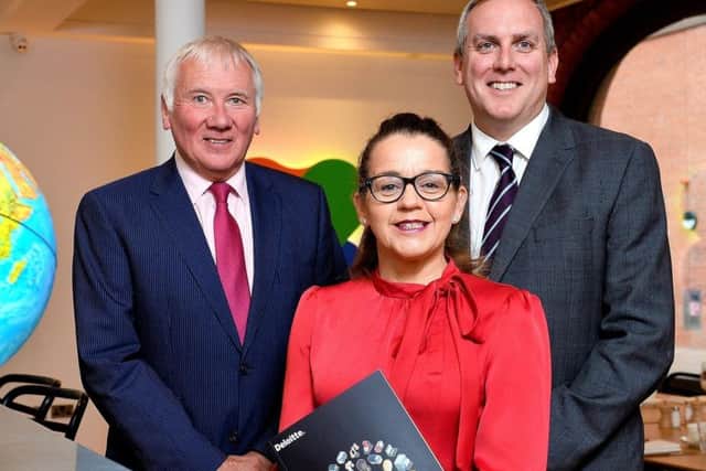 Sir Malcolm McKibbin (left), former head of the NI Civil Service, Jackie Henry, senior partner at Deloitte NI and Richard Moore, senior manager in consulting at Deloitte NI, at the launch of the State of State report