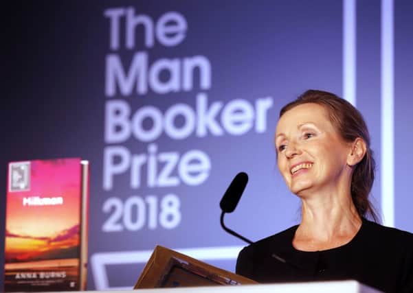Anna Burns on stage at the Guildhall in London after she was awarded the Man Booker Prize for Fiction for her novel Milkman. Pic by Frank Augstein/PA Wire