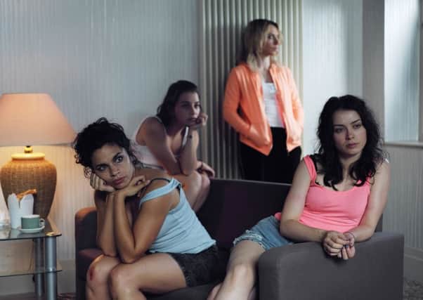 A scene from the BBC Two film on sex trafficking 'Doing Money'. From left Lily (Alina Serban), Skinny (Voica Oltean), Ancuta (Cosmina Stratan) and Anna (Anca Dumitra). Photographer: Phil Sharp
