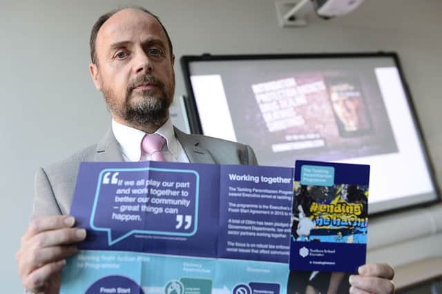 Anthony Harbinson, Chair of the Tackling Paramilitarism Taskforce, pictured at the launch of the 'Ending the Harm' campaign against paramilitary style attacks. Photo: Arthur Allison, Pacemaker Press.