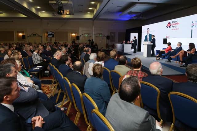 Delegates listen to Robin Swanns speech in Armagh on Saturday