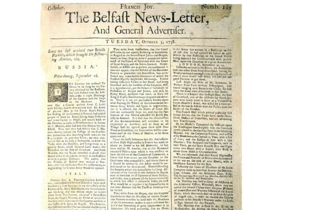 The earliest surviving News Letter front page from October 3 1738 (October 14 in modern calendar). The paper was founded in September 1737, but the first year is lost. The early News Letters that do survive from 1738 and 1739 have regular reports on tensions with Spain, including over Gibraltar