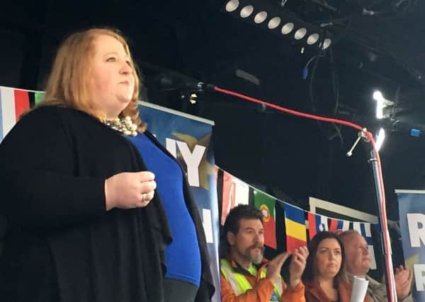 Naomi Long MP addresses anti-Brexit campaigners at a pro-remain rally at Belfast City Hall. PRESS ASSOCIATION