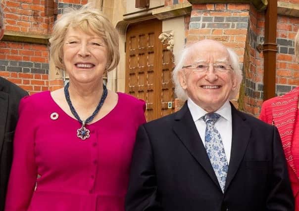 President Michael Higgins, right, and his wife Sabina at Queens University in Belfast on his visit in May