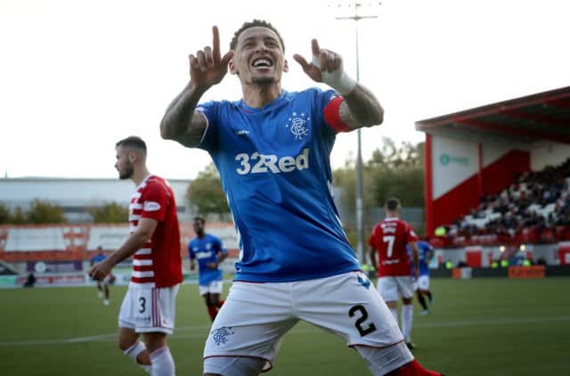 Rangers' James Tavernier celebrates scoring his side's third goal from the penalty spot. Photo credit: Jane Barlow/PA Wire.