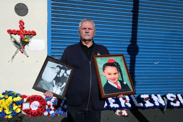 Charlie Butler, whose niece Evelyn Baird, her partner Michael Morrison (27) and her child Michelle Baird, aged just seven, was among nine innocent people killed by an IRA bomb at a fish shop on the Shankill Road 25 years ago, at the scene of the attack in Belfast, on Sunday October 21, 2018. Photo: Brian Lawless/PA Wire