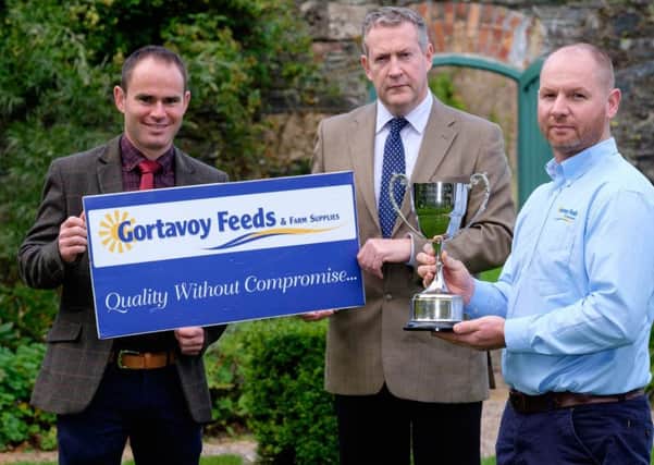 Gortavoy Feeds has confirmed its continued sponsorship of Holstein NI's premier autumn bull sale. Stephen McKenna, right, spnosor, is pictured with auctioneer Michael Taaffe, and Holstein NI chairman Jason Booth.Photograph: Columba O'Hare/ Newry.ie