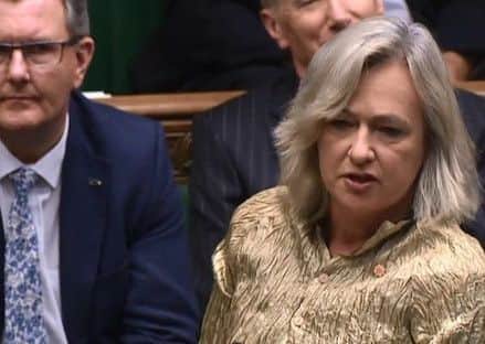 Plaid Cymru MP Liz Saville-Roberts speaking in Irish in the House of Commons, with DUP MPs seated behind her