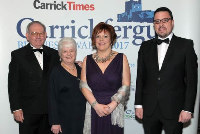 Gerry and Lorna Shields with her Carrickfergus Enterprise colleagues Kelli Bachus and Alan Hamilton at an awards evening.