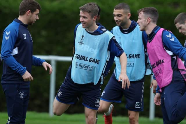 Rangers players including Jordan Rossiter (centre) during the training session at the Hummel Training Centre, Glasgow