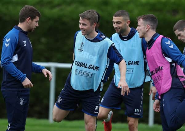 Rangers players including Jordan Rossiter (centre) during the training session at the Hummel Training Centre, Glasgow