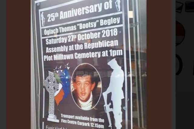 A poster advertising the event at Milltown Cemetery to commemorate Shankill bomber Thomas Bootsy Begley