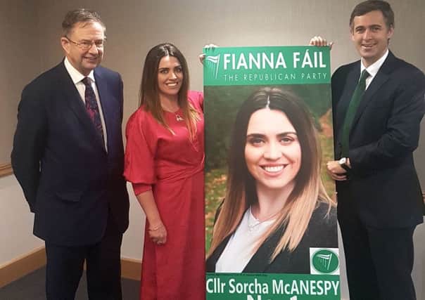Eamon O'Cuiv TD (left) and and Senator Mark Daly (right) with Sorcha McAnespy, who will run as a Fianna Fail candidate in next year's local council elections in Northern Ireland. Pic by Fianna Fail/PA Wire