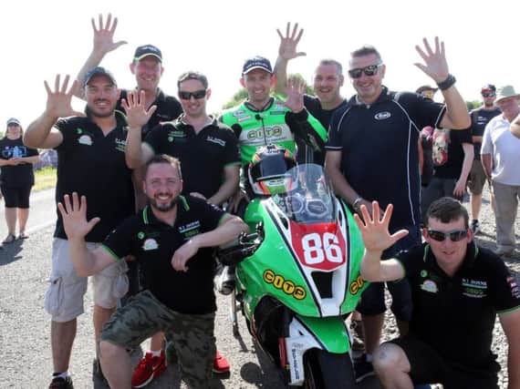 Derek McGee celebrates a five-timer at the inaugural Enniskillen Road Races in June.