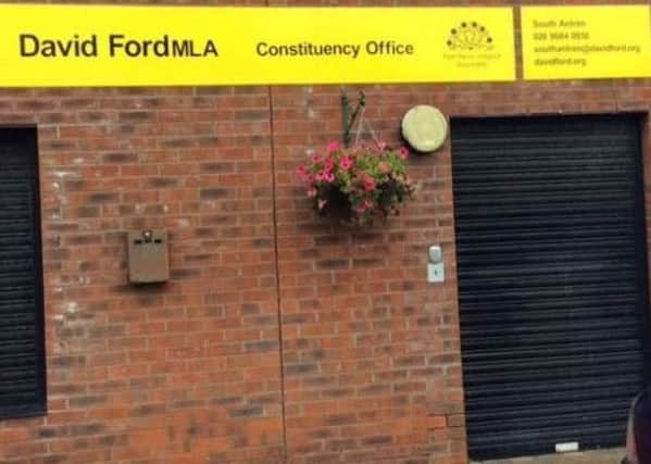 The sign outside former MLA David Fords constituency office, showing his phone number and email address