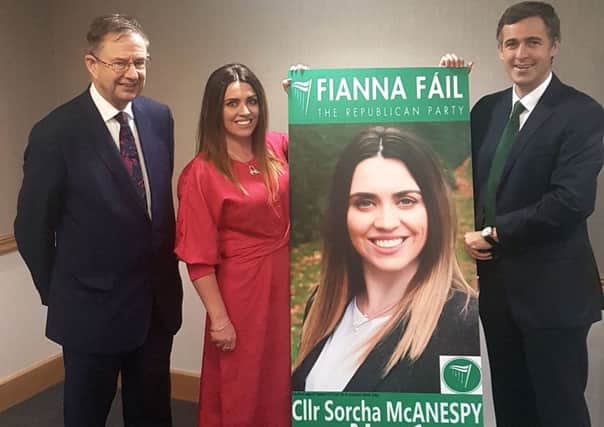 Eamon O'Cuiv TD (left) and and Senator Mark Daly (right) announce Sorcha McAnespy will be a Fianna Fail candidate in next year's local council elections.