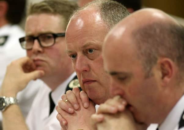 Pictured (L-R) Former Assistant Chief Constable Will Kerr, Chief Constable George Hamilton and ACC Mark Hamilton,
Photo: Brian Little/Presseye