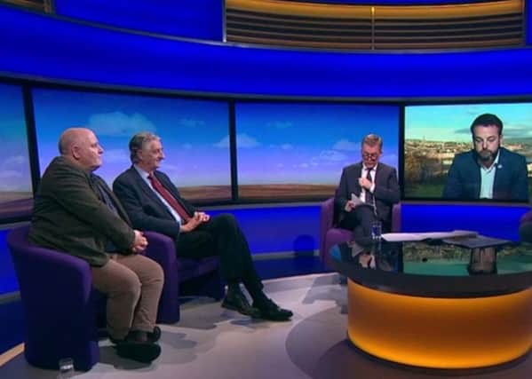 From left, Paul McFadden, Professor Graham Gudgin, the host Mark Carruthers and Colum Eastwood MLA on the Sunday Politics BBC show, Sunday October 7 2018