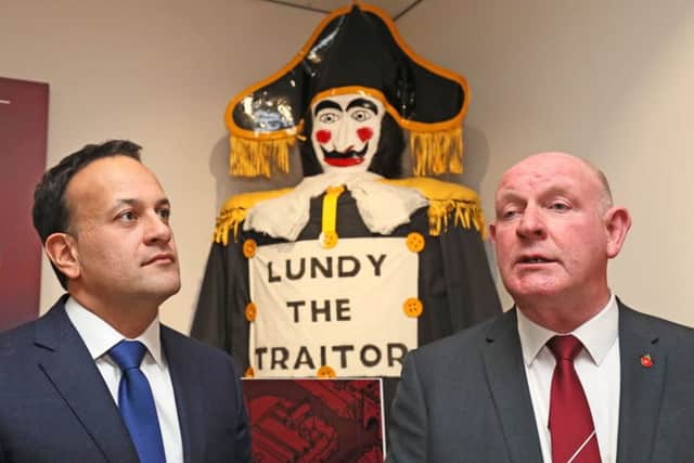 Taoiseach Leo Varadkar (left) with General Secretary of the Apprentice Boys of Derry William Moore during his visit to the organisation's memorial hall in Londonderry. Pic: Brian Lawless/PA Wire