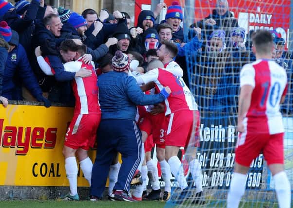 Celebration time for Mark Stafford and Linfield in Dungannon. Pic by INPHO.