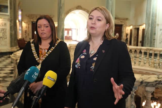 Lord Mayor of Belfast Deirdre Hargey (left) and Northern Ireland Secretary Karen Bradley (right) speaking to the media after their meeting at Belfast City Hall about the Primark fire