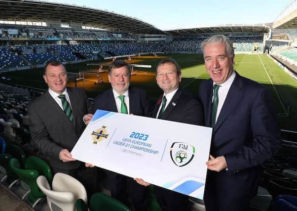 Pictured at the launch are Patrick Nelson Irish FA Chief Executive, Donal Conway, FAI President, David Martin IFA President and John Delaney FAI Chief Executive.