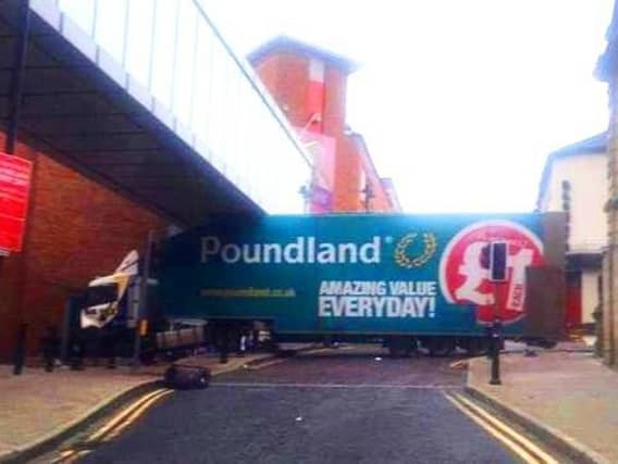 The lorry after the handbrake had been released and it crashed into Foyleside Shopping Centre in Londonderry.