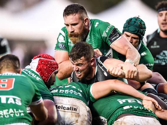 Ulster try scorer Sean Reidy in the thick of it against Benetton