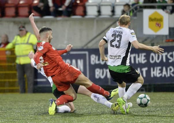 Joe Gormley scores a late goal to seal three points for Cliftonville over Glentoran. Pic by INPHO.