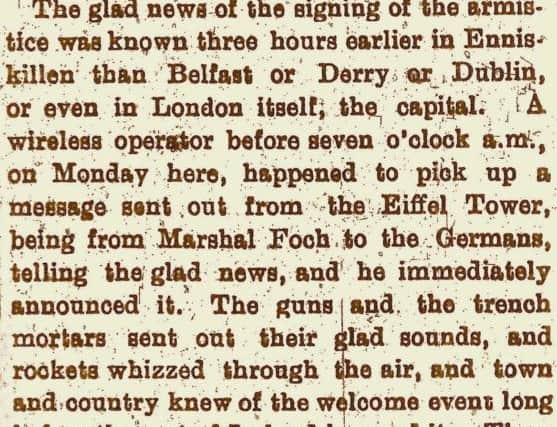 A newspaper clipping from The Impartial Reporter claiming that Enniskillen in Co Fermanagh was the first place in the UK to celebrate the Armistice. Pic: Impartial Reporter/PA Wire