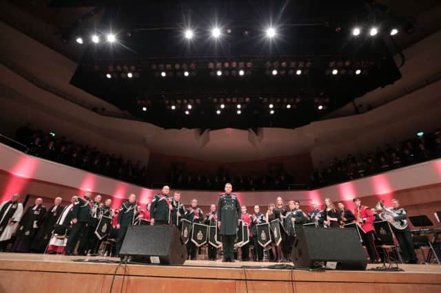 The Band of The Royal Irish Regiment on stage at the Festival of Remembrance at Belfast Waterfront. Photo by Kelvin Boyes / Press Eye.